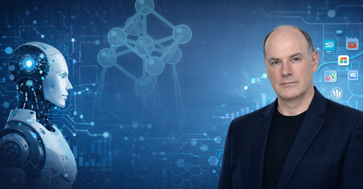 Thierry Maesen et un robot humanoïde devant un Atomium lumineux dans un univers technologique bleu